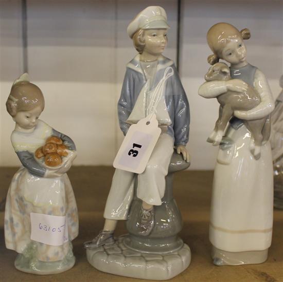 Lladro girl with lamp, boy with boat & girl with bread